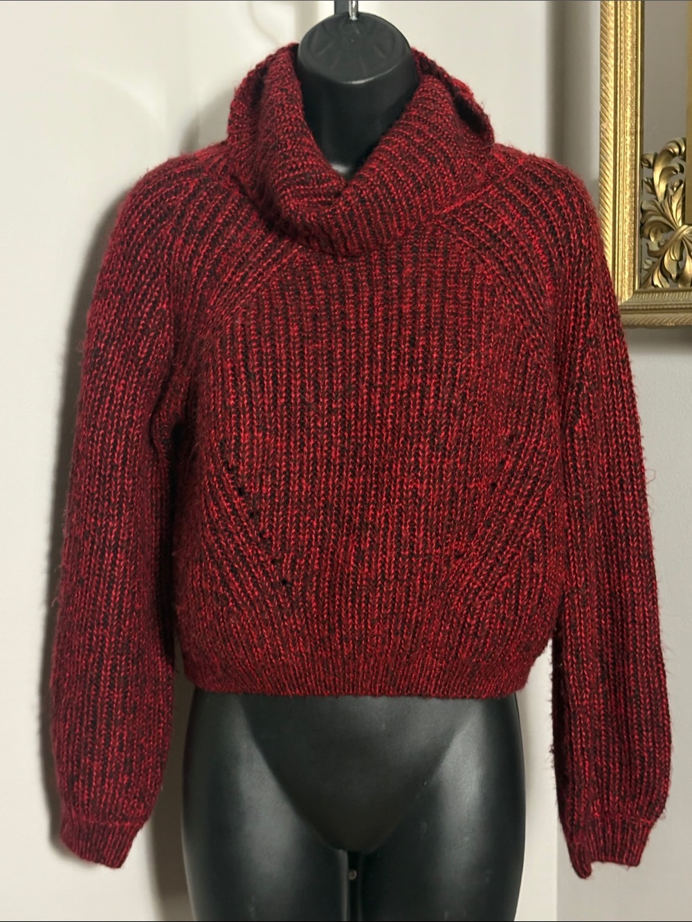 Haute Rogue XS Burgundy Cropped Rib Knit Sweater Cowl Neck